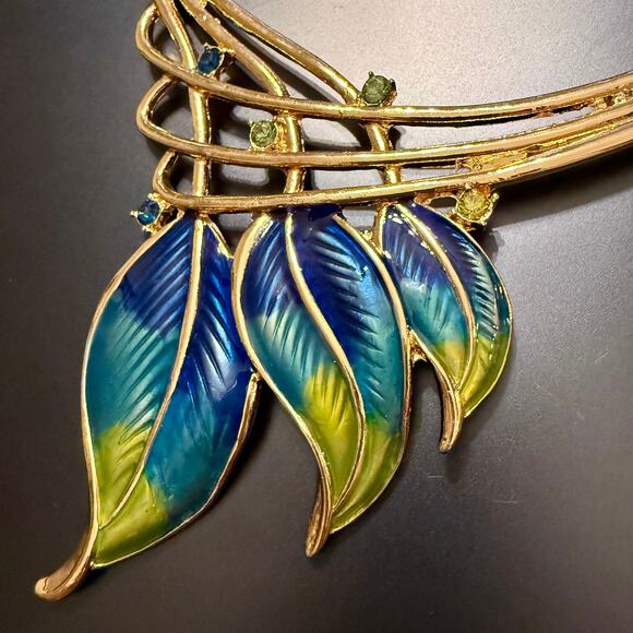 Art Deco Nouveau Style Enamel Gold Tone Statement Necklace - Picture 7 of 8